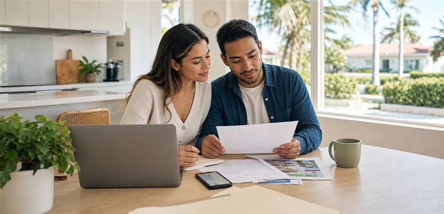 First-time Miami homebuyers reviewing pre-approval documents, home search notes, and neighborhood options in a bright South Florida kitchen before touring homes in Miami-Dade and Broward.