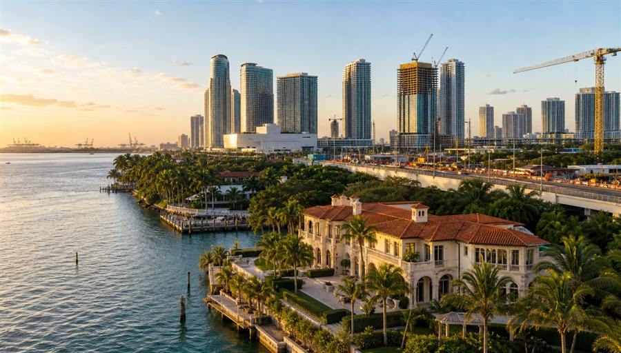 Golden-hour Miami waterfront estate with Biscayne Bay, downtown condo towers, construction cranes, and South Florida real estate development.