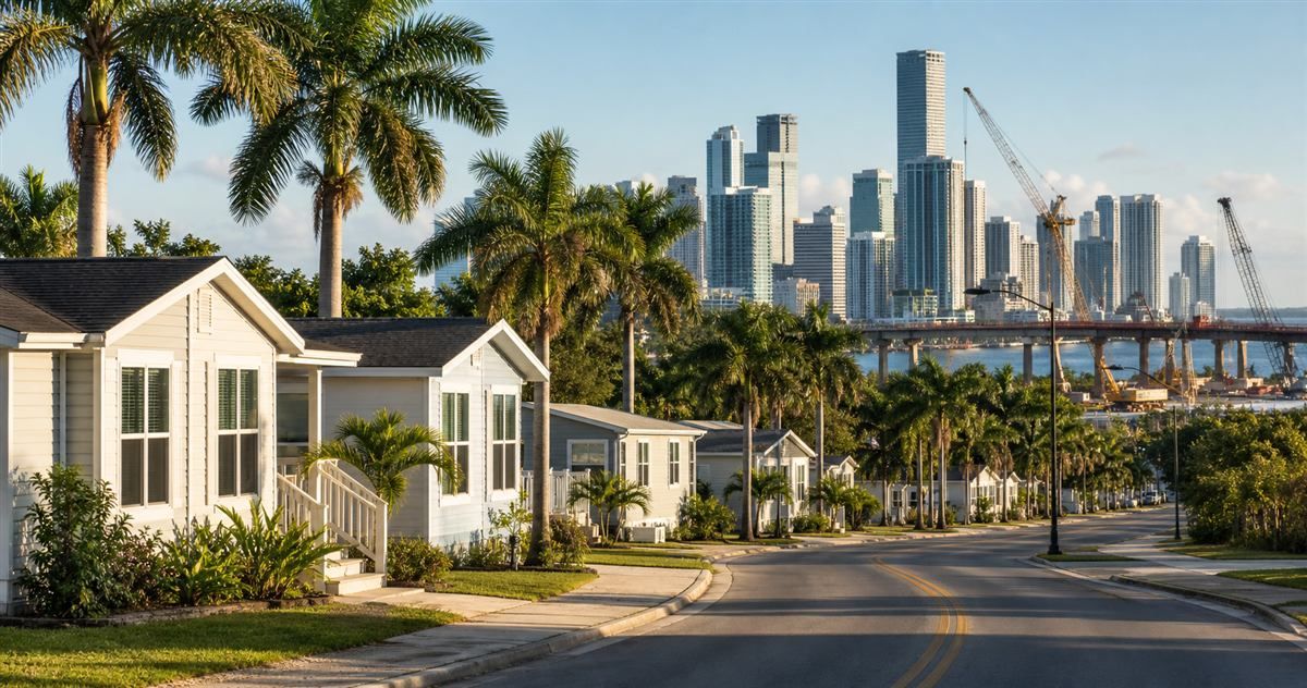Morning view of South Miami-Dade attainable homes with palm-lined streets, the Miami skyline, and downtown bridge construction in the background.