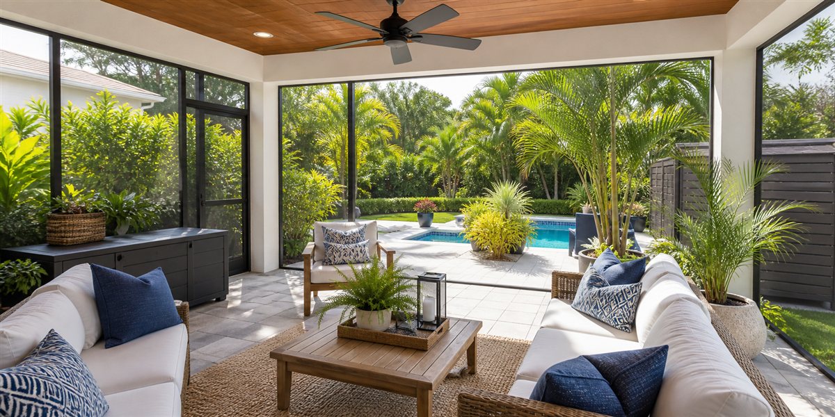 Comfortable South Florida backyard patio with screened seating, ceiling fan, tropical landscaping, and clean outdoor living space for Miami homeowners reducing mosquitoes and improving home value.