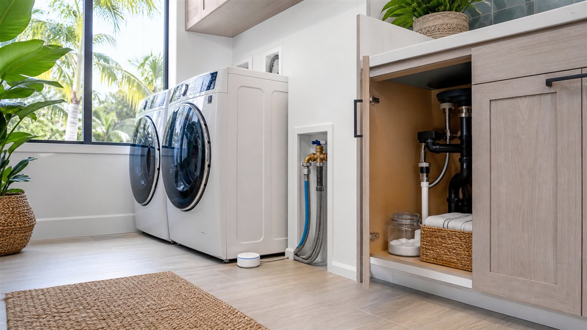 Miami laundry room and sink cabinet with visible plumbing, washing machine hoses, shutoff valve, and a smart water leak detector for South Florida homeowners