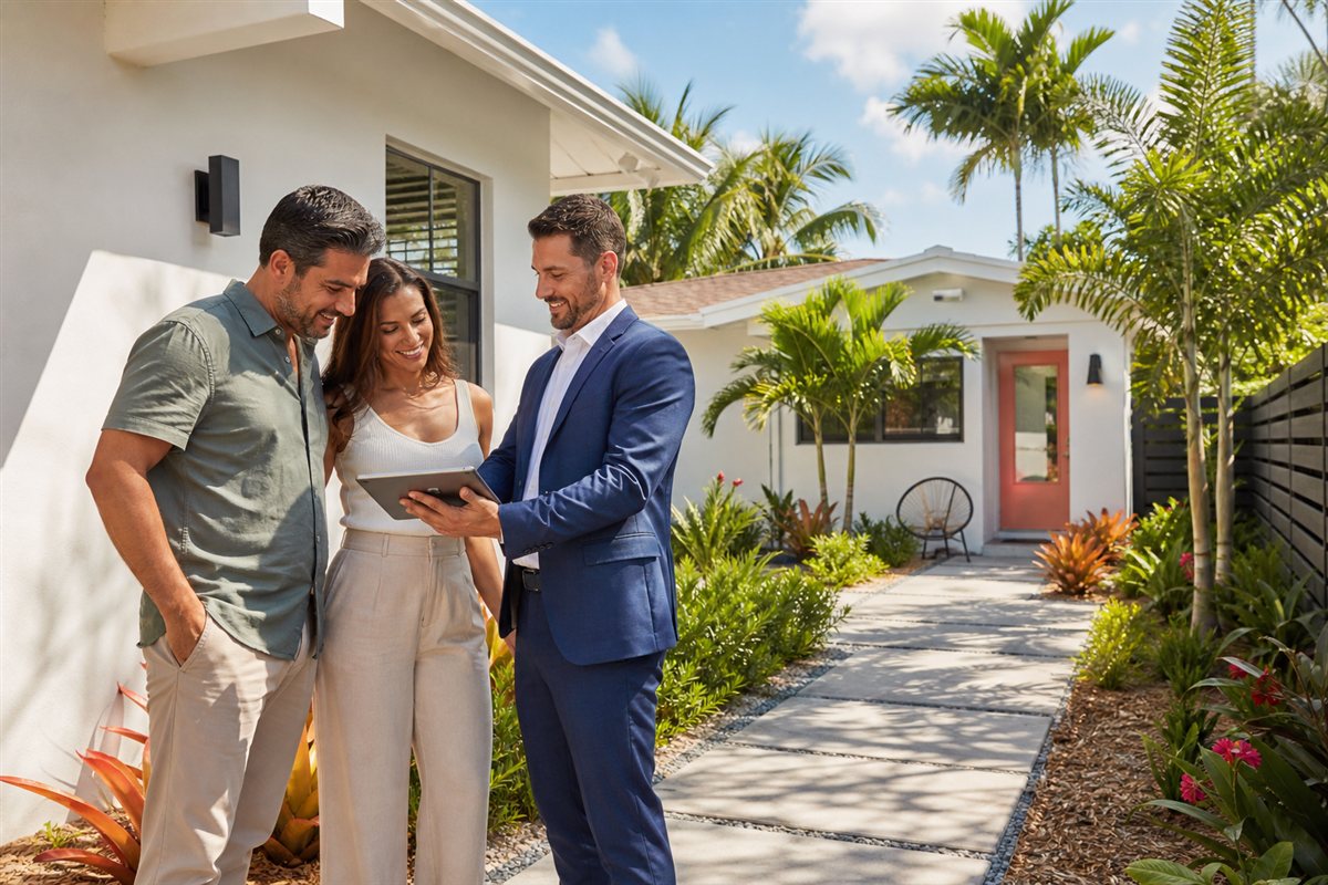 Miami homebuyers reviewing a South Florida single-family home with a separate side entrance, ADU potential, palm landscaping, and local Realtor guidance before buying a home with an efficiency.