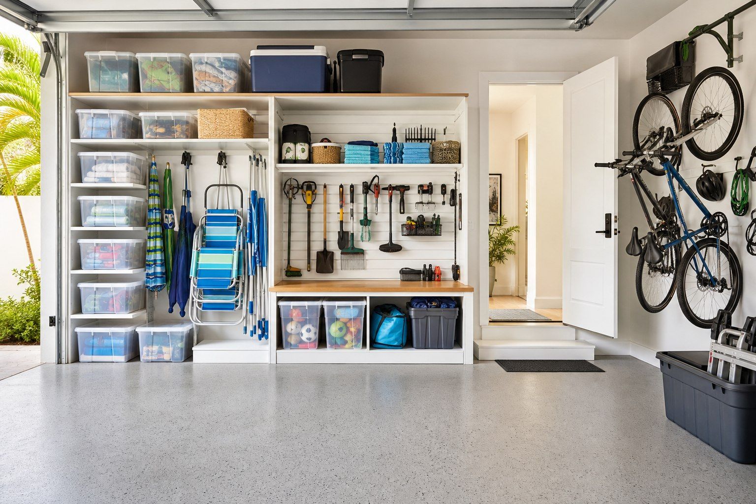 Organized Miami garage storage system with shelves, clear bins, bikes, tools, and beach gear for South Florida homeowners improving home organization, comfort, and property value.