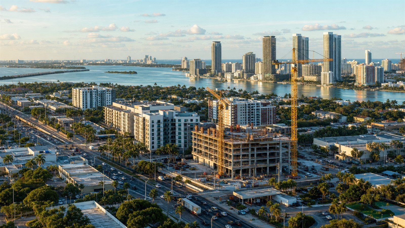 Golden-hour aerial view of Miami-Dade real estate with Biscayne Bay condo towers, construction cranes, palm-lined streets and commuter traffic, illustrating Miami development, condo demand and neighborhood growth.