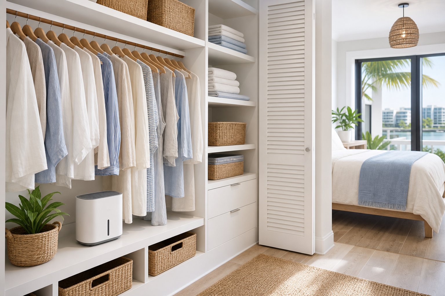 Organized South Florida walk-in closet with woven storage baskets, louvered door ventilation, and a compact dehumidifier for Miami homeowners improving closet storage and humidity control.