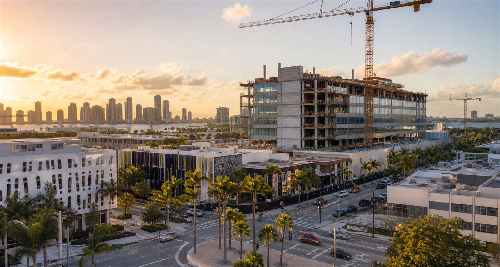 Golden-hour Miami construction scene with cranes, modern healthcare and mixed-use buildings, palm-lined streets, Biscayne Bay skyline, and South Florida neighborhood growth.