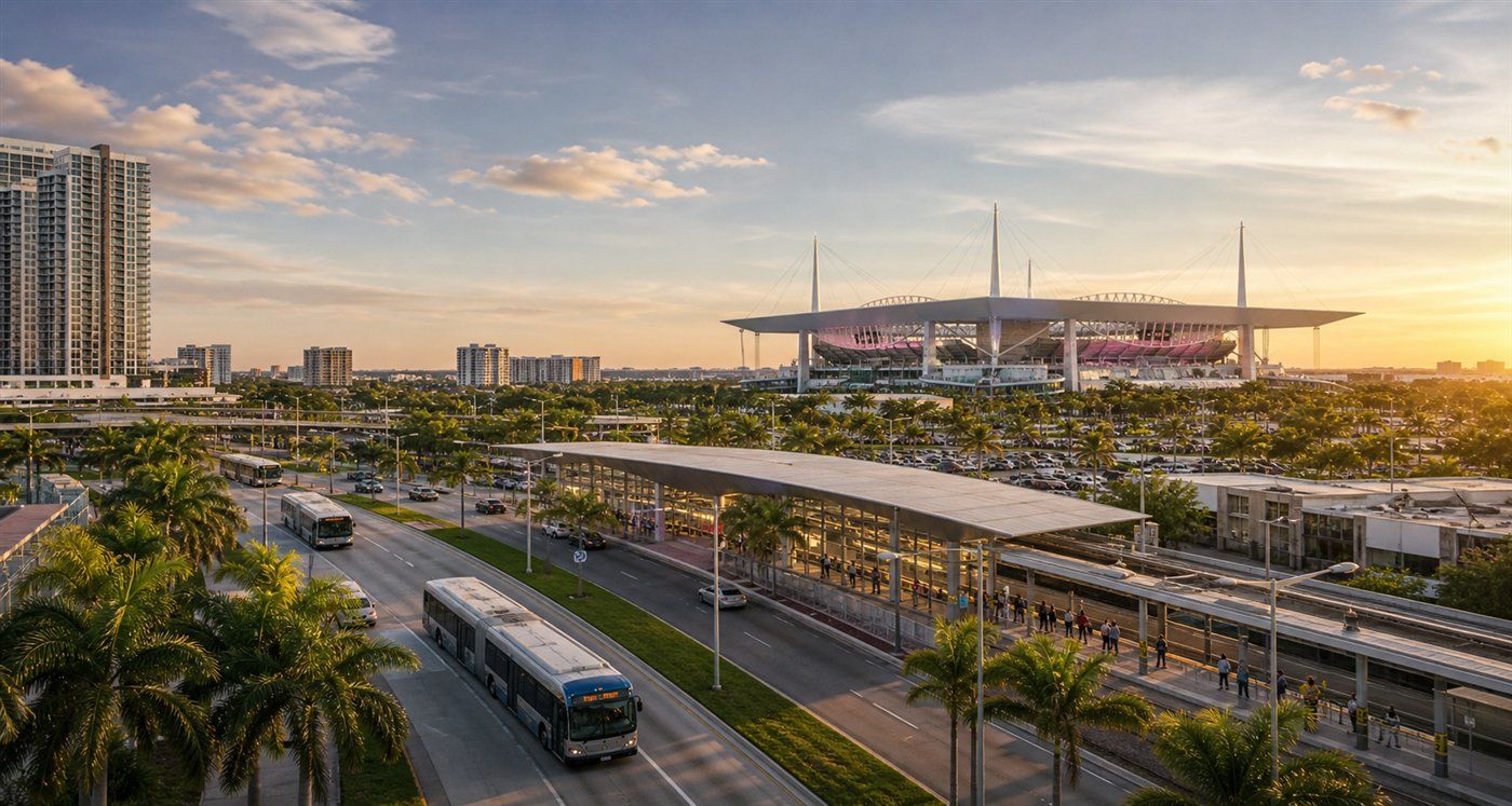 Golden-hour Miami stadium district with transit buses, station activity, palm-lined roads, and nearby residential towers showing how World Cup mobility and stadium-area growth affect Miami real estate.