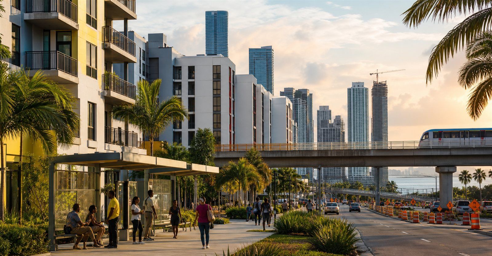 Golden-hour Miami streetscape with transit-connected Overtown apartment buildings, Brickell high-rises, palm-lined sidewalks, and nearby construction activity for a June 2026 Miami real estate news recap.