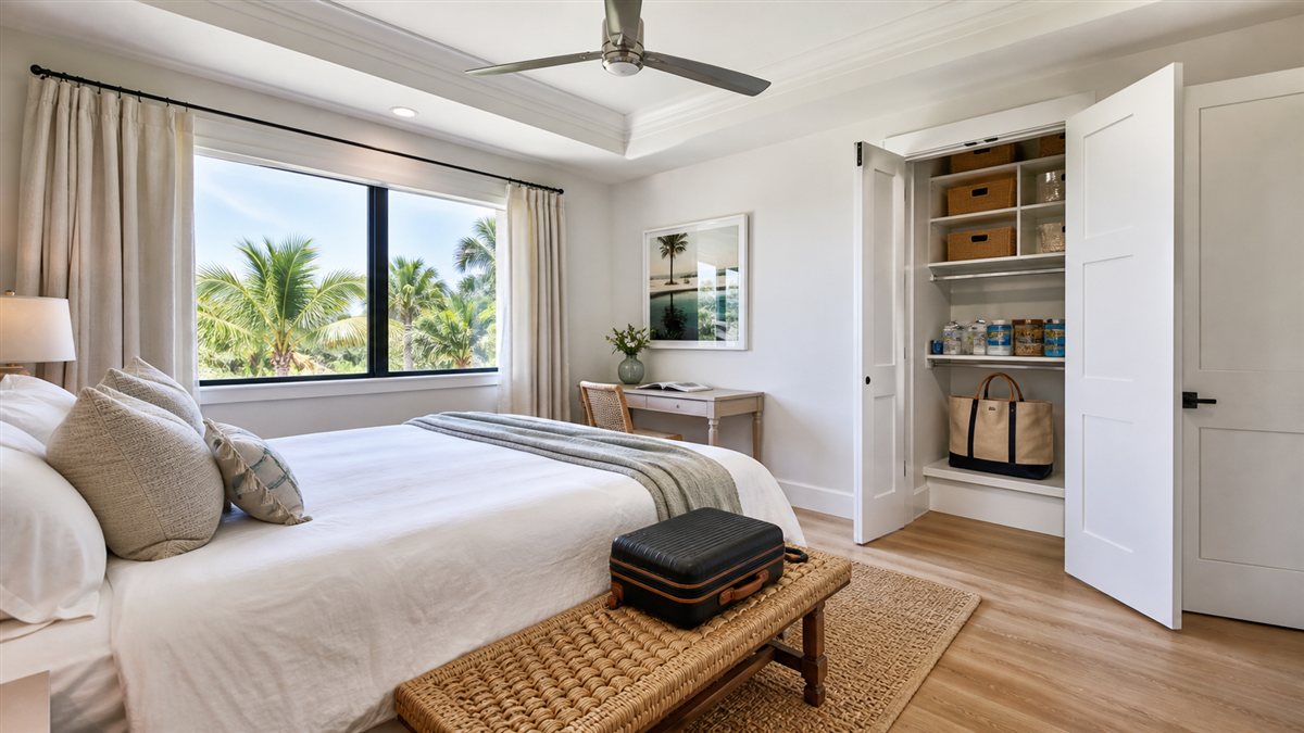 Bright South Florida guest room with flexible storage, ceiling fan, luggage bench, and storm-season supplies for Miami homeowners.
