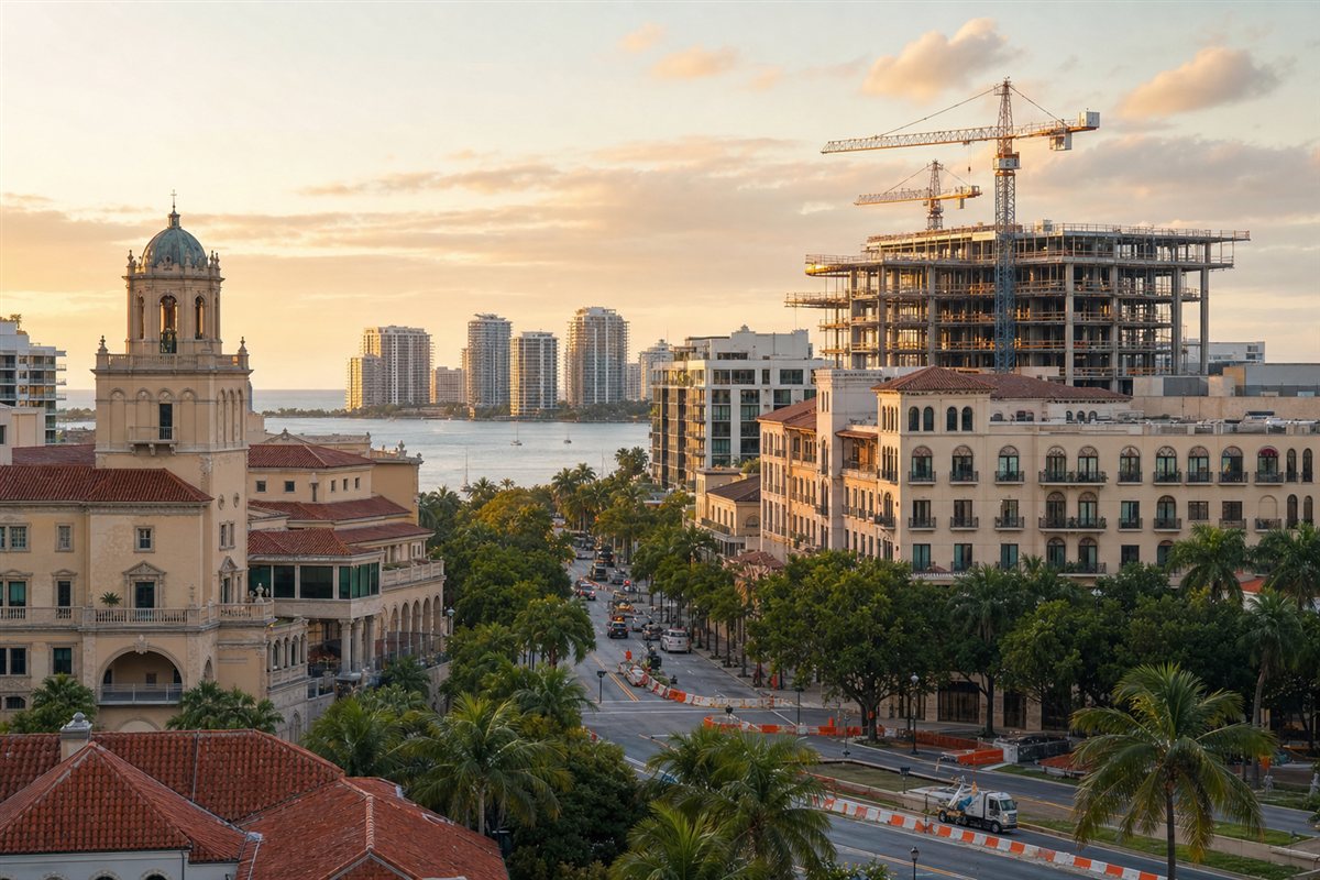 Golden-hour Coral Gables and Miami-Dade construction scene with cranes, palm-lined streets, coastal condo towers, and local infrastructure work tied to South Florida real estate news.