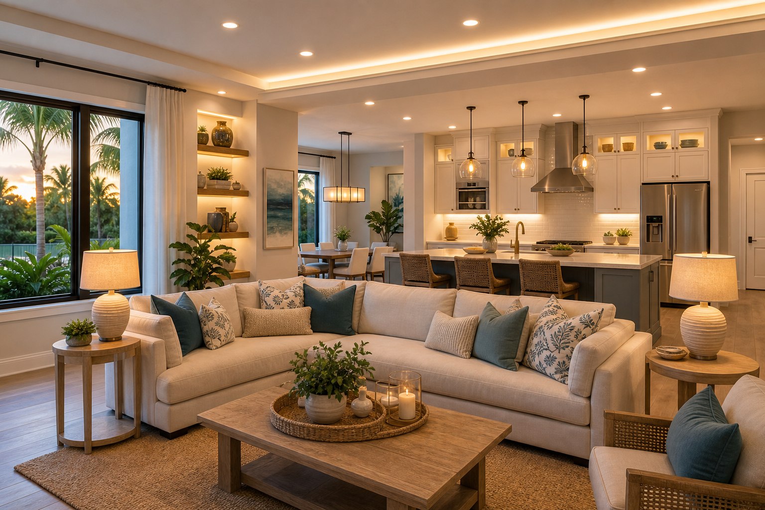 Bright South Florida living room and kitchen with layered lighting ideas for Miami homeowners improving home value, comfort, and property appeal.