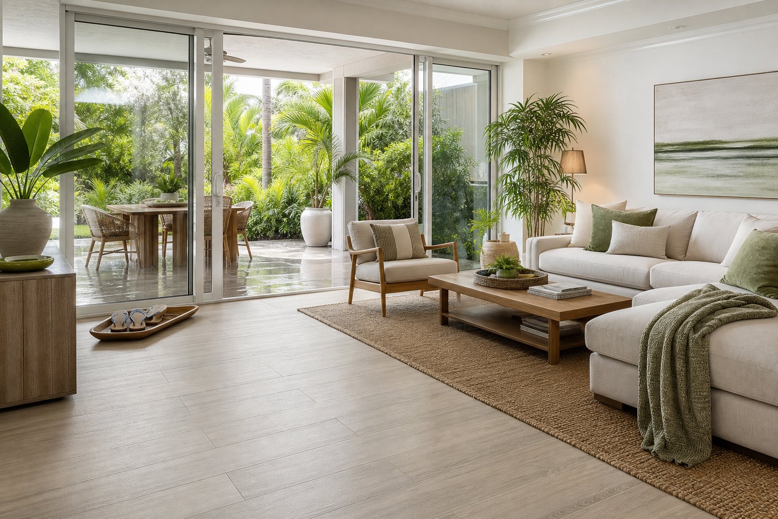 Bright South Florida living room with humidity friendly flooring, patio doors, tropical greenery, and durable finishes for Miami homeowners improving comfort and resale value.