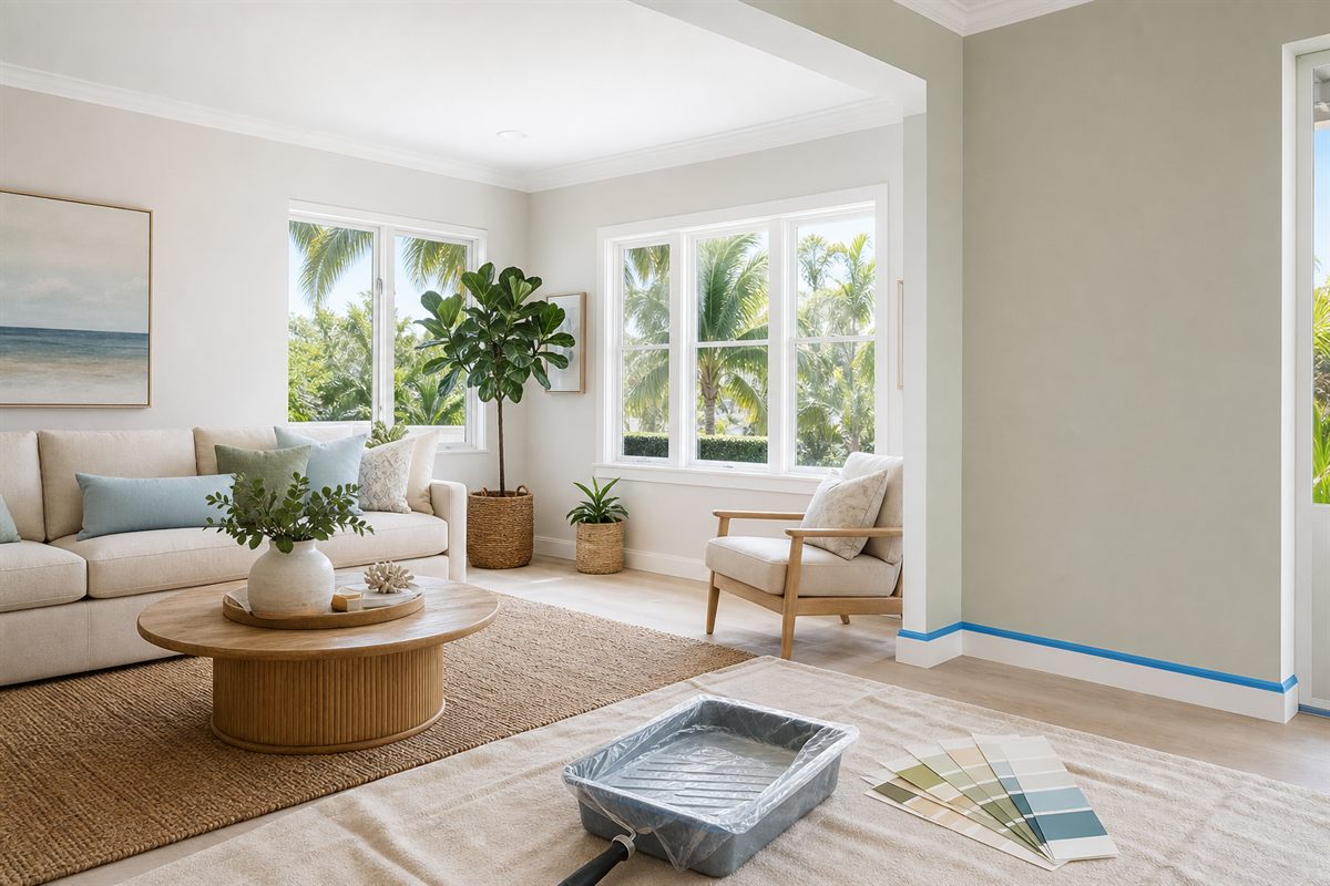 Bright Miami living room with fresh neutral paint colors, paint swatches, and South Florida home improvement details for humidity, sun, and property value.