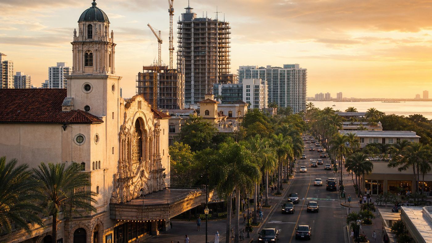 Golden-hour Miami development scene with historic Coconut Grove architecture, active construction cranes, Edgewater condo towers, palm-lined streets and Biscayne Bay, illustrating July 2026 Miami real estate news for buyers, sellers and homeowners.
