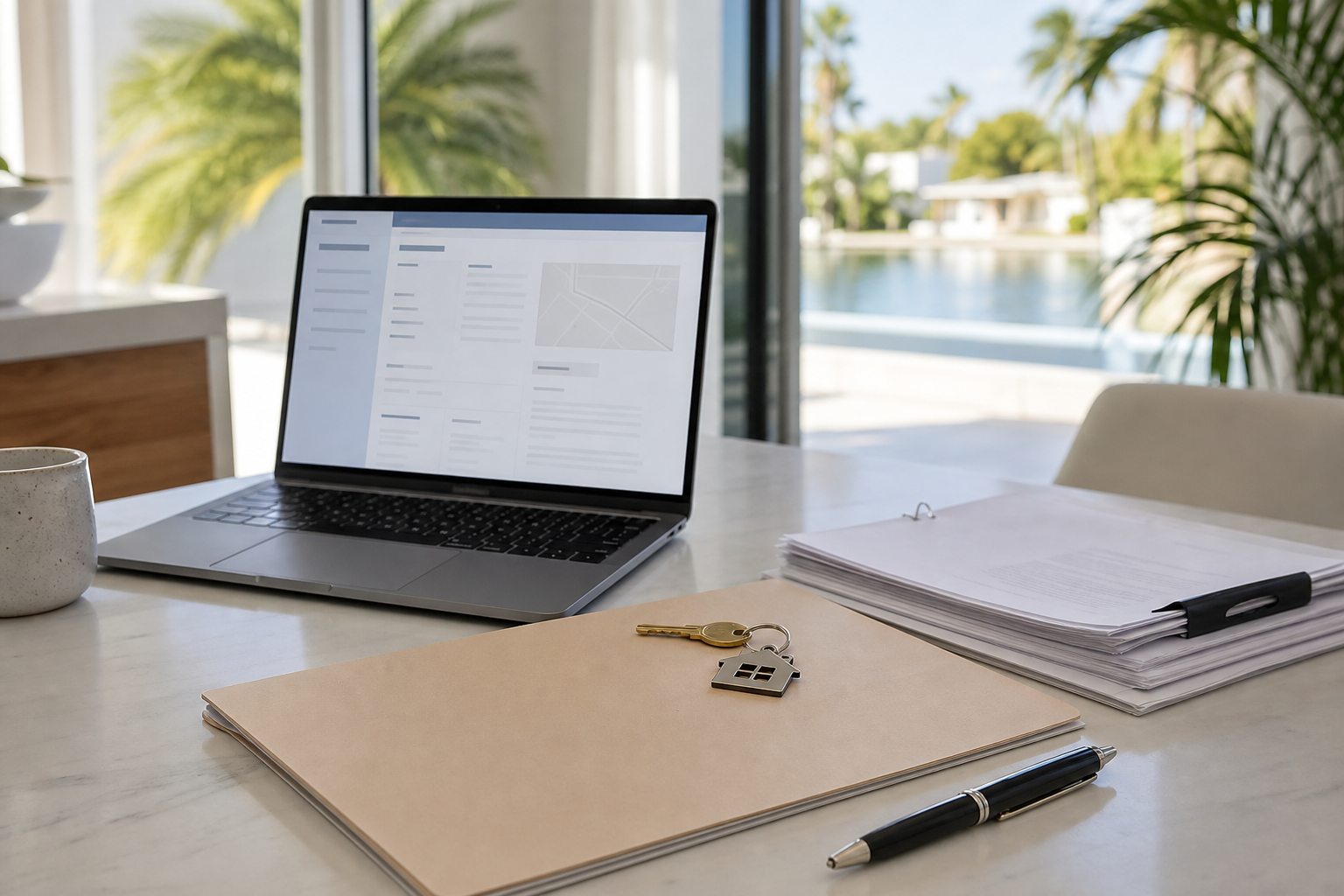 South Florida real estate closing documents, house keys, and a laptop used to review title search and title insurance records before closing in Miami-Dade and Broward.