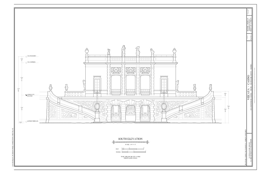 Library of Congress HABS south elevation drawing of Vizcaya's Casino in Coconut Grove, a Miami historic landmark tied to architecture and real estate history.