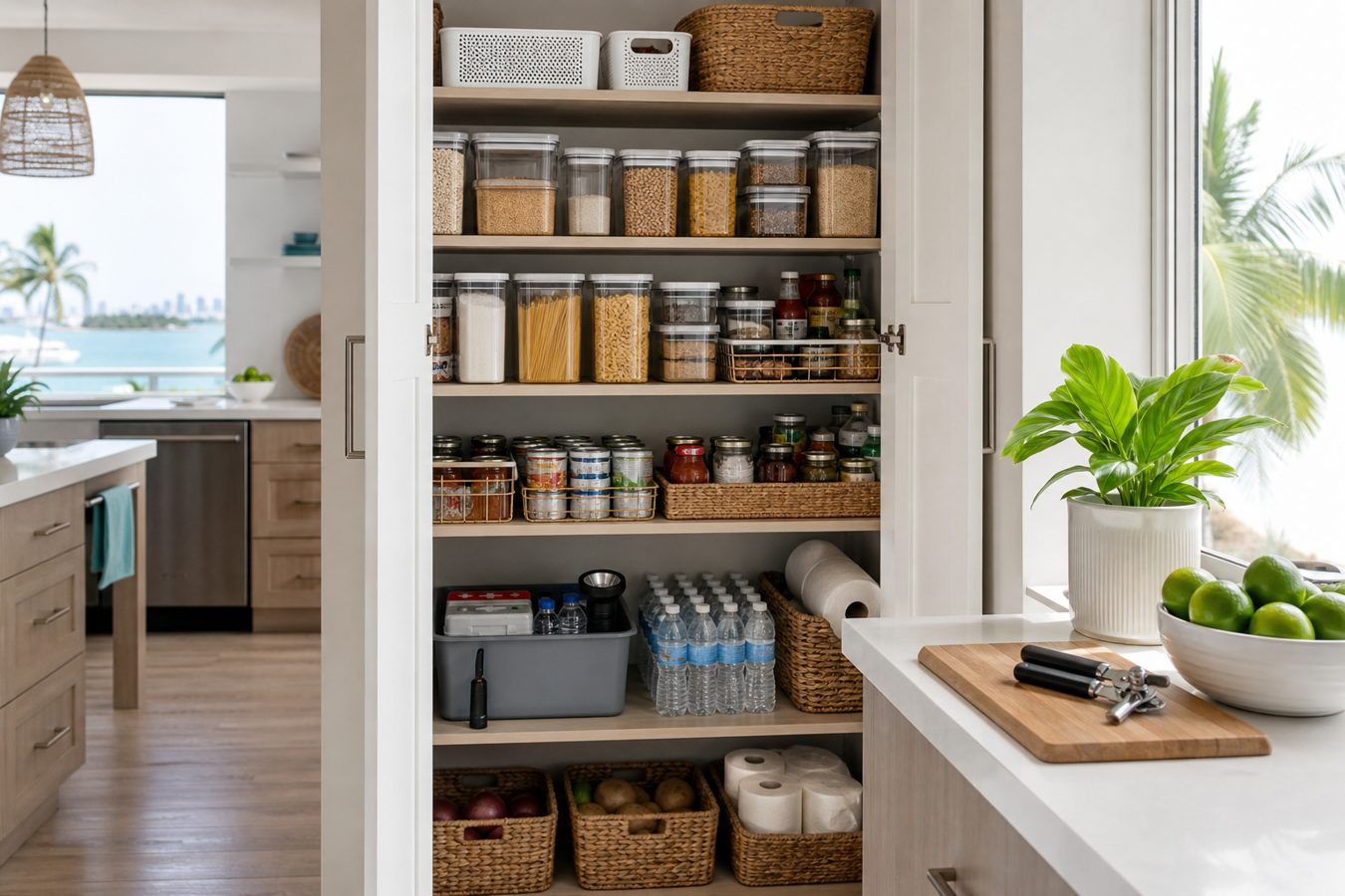 Organized Miami kitchen pantry with airtight containers, hurricane-season supplies, and South Florida home organization details that support everyday comfort and property value.
