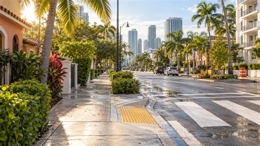 Golden morning view of a walkable Miami neighborhood with accessible sidewalk ramps, palm-lined streets, nearby condos and South Florida residential real estate affected by livability, rates and local infrastructure.