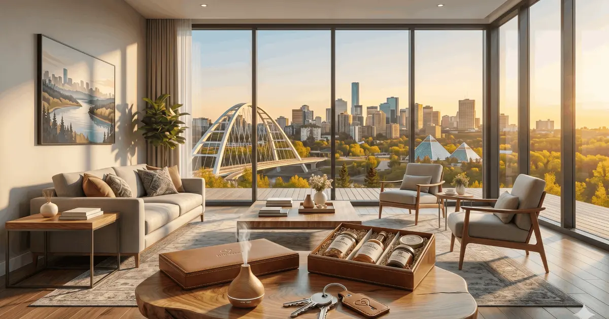 Modern luxury living room overlooking Edmonton’s downtown skyline and Walterdale Bridge through floor-to-ceiling windows at sunset.