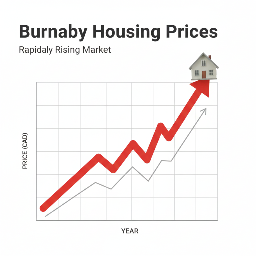 small house perched precariously on a sharp, upward-trending red or green line graph, symbolizing rapidly rising prices