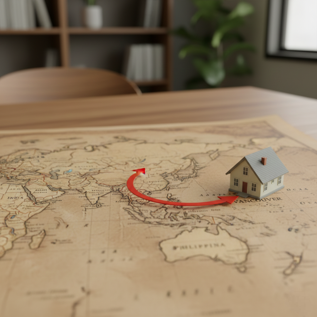 A small model house placed on a map of the world