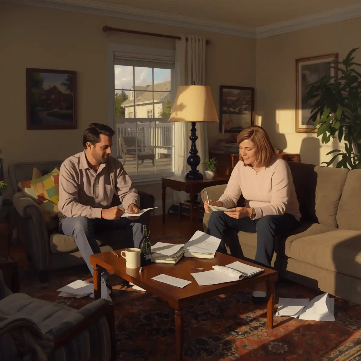 People reviewing home documents at table