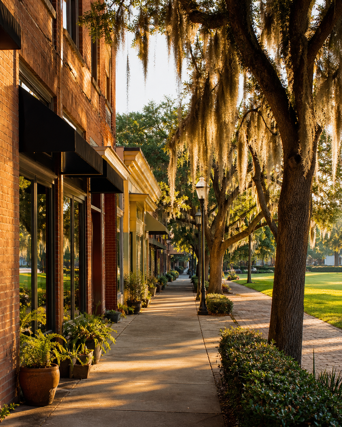 Historic downtown street shaded by live oaks in Foley, Alabama