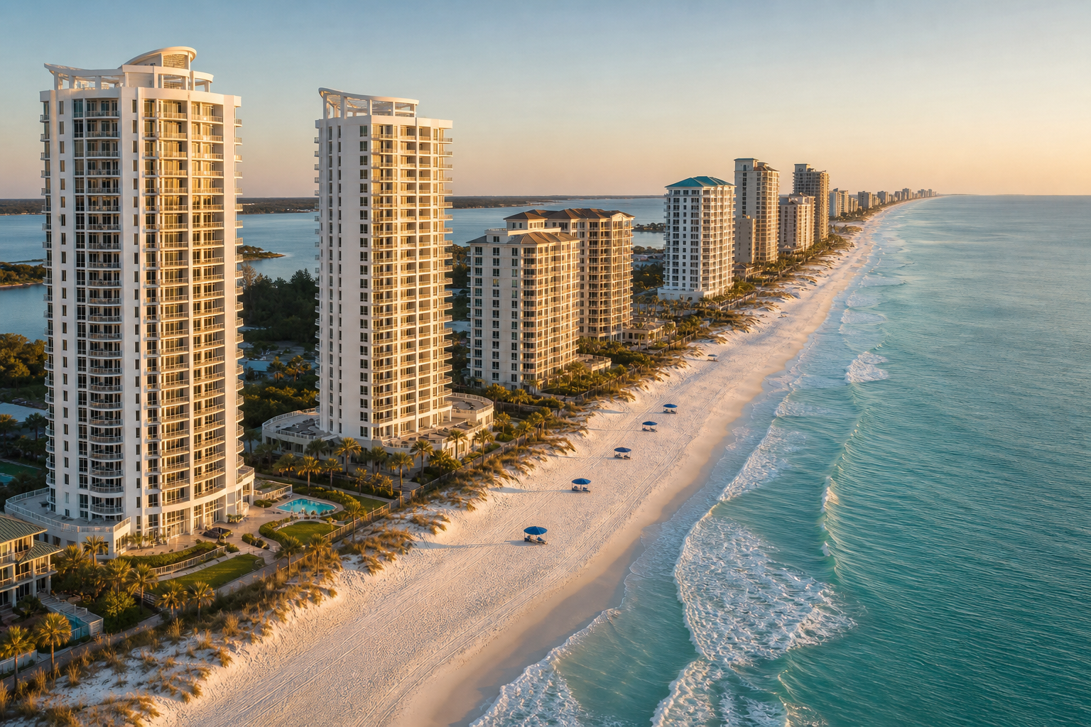 Gulf-front condo towers along the white sand beach in Orange Beach, Alabama