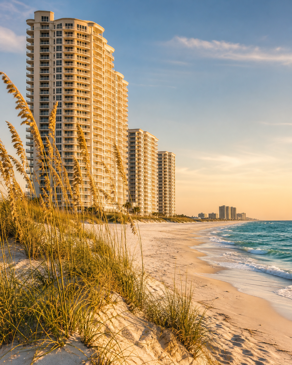 Gulf-front condominium high-rises above the white sand beach in Orange Beach, Alabama