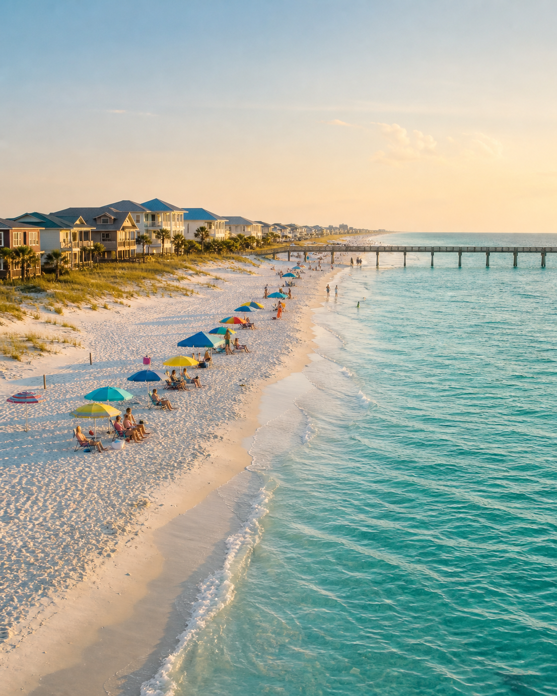 Beach houses, umbrellas and the pier along the shoreline in Gulf Shores, Alabama