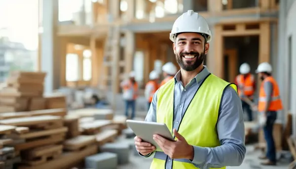 A man holding a tablet showing the plan for construction of the home he is standing in front of