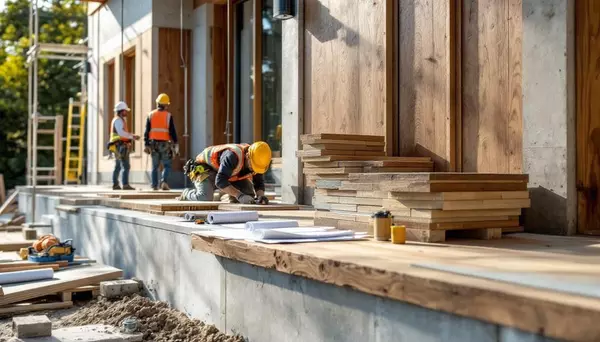 Construction men outside a luxury home under construction.