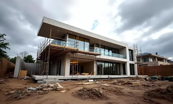 A modern mansion under construction, viewed from a low angle outside. The structure features scaffolding and sleek, contemporary architecture, with construction materials scattered on the ground in the foreground.