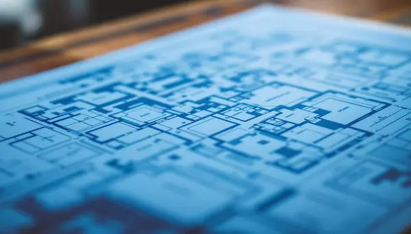 A blue blueprint of a mansion on a wooden table, viewed closely at an angle, showing detailed architectural designs without any text.