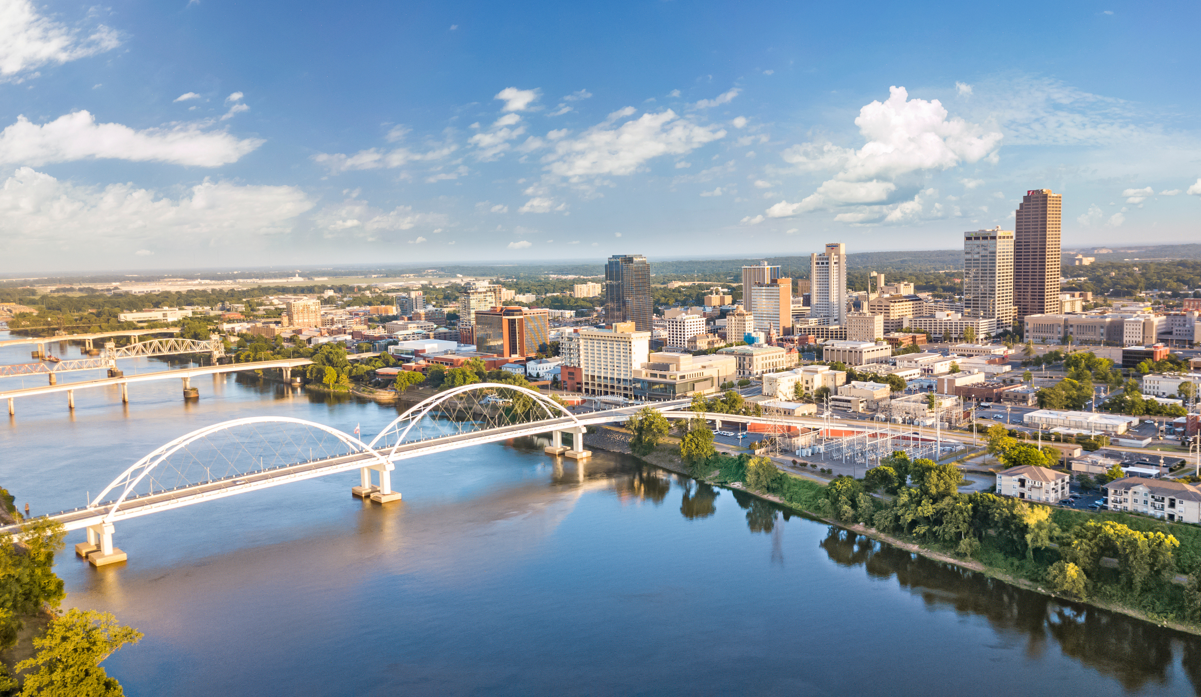 Aerial view of the riverfront skyline