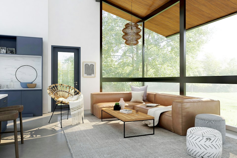 Bright living room with a glass window