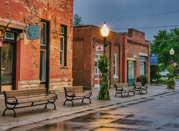 Brick storefronts along a historic downtown street