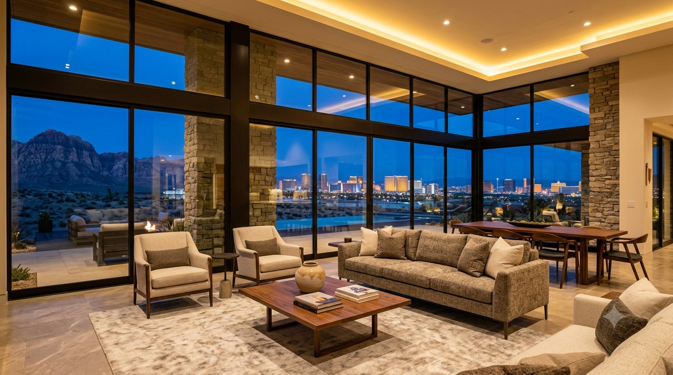 Luxury home interior with large windows and "Las Vegas Strip" view