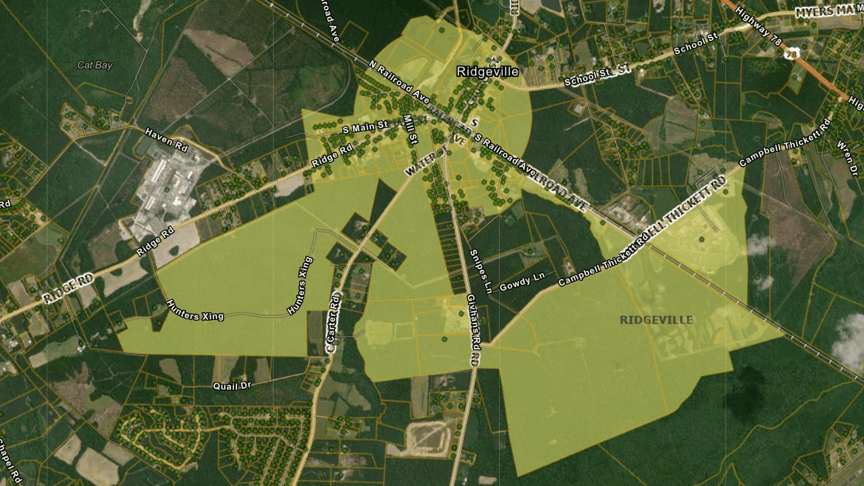 Map showing Ridgeville, SC location between Charleston and Columbia on I-26