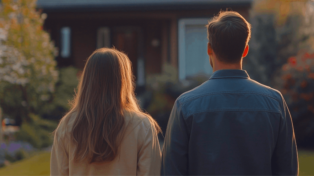 First time home buyers in front of their new home