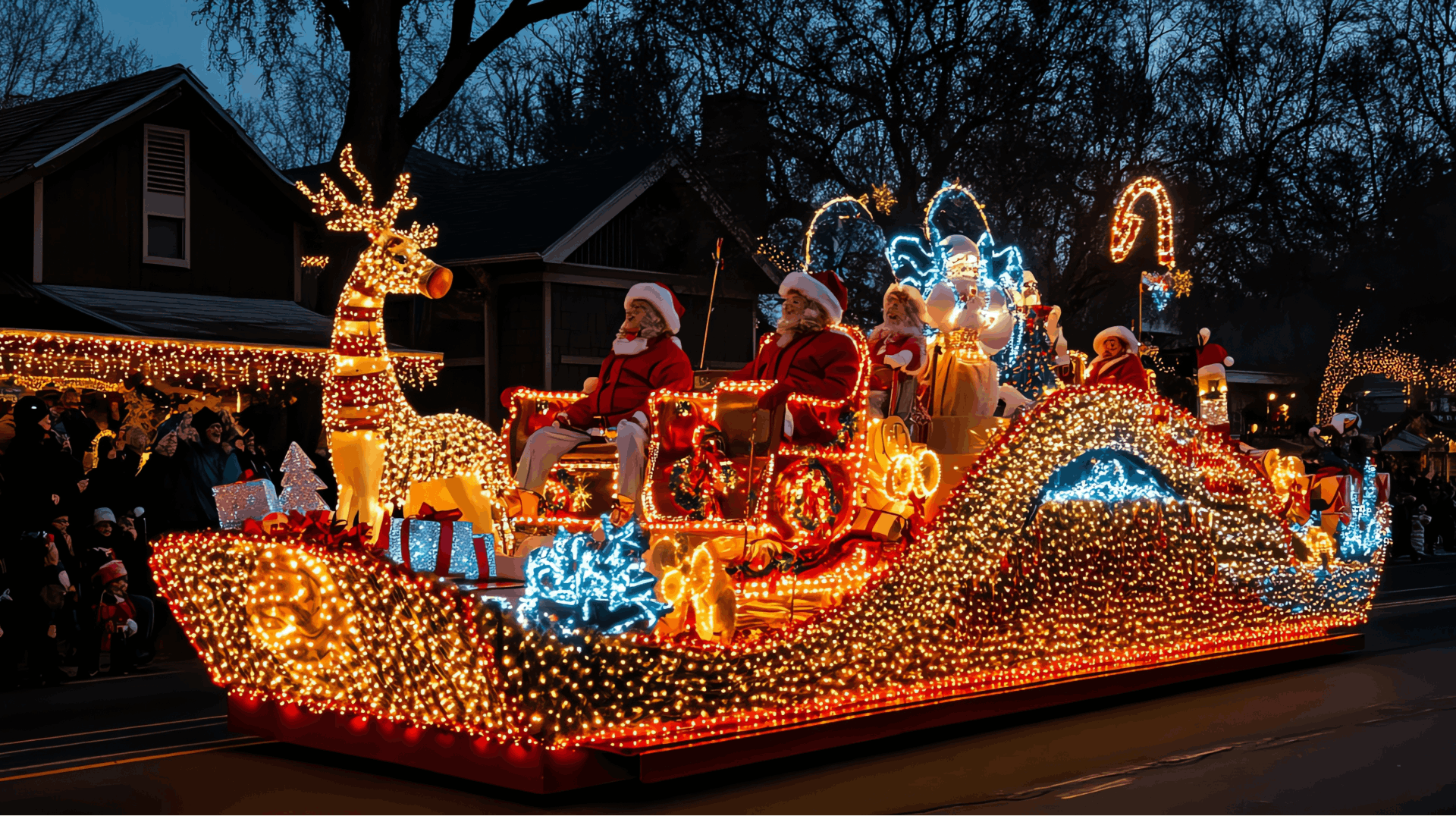 christmas parade float lit with thousands of lights