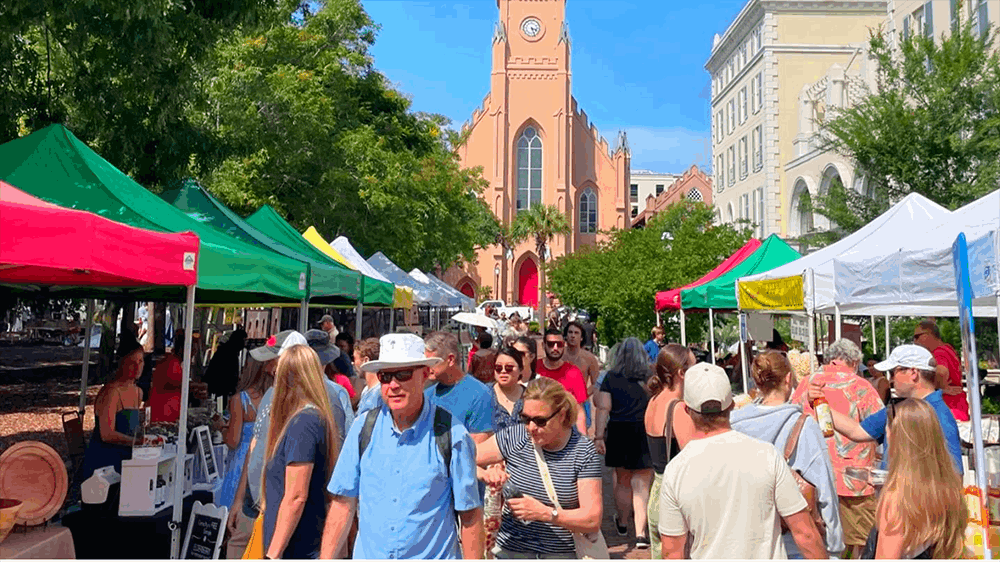 Large crowds shopping at the Charleston's Farmer's Market