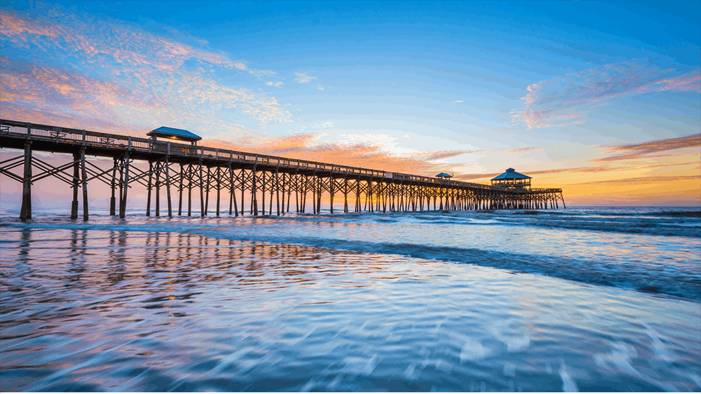 Folly Beach Pier at sunset on Folly Beach