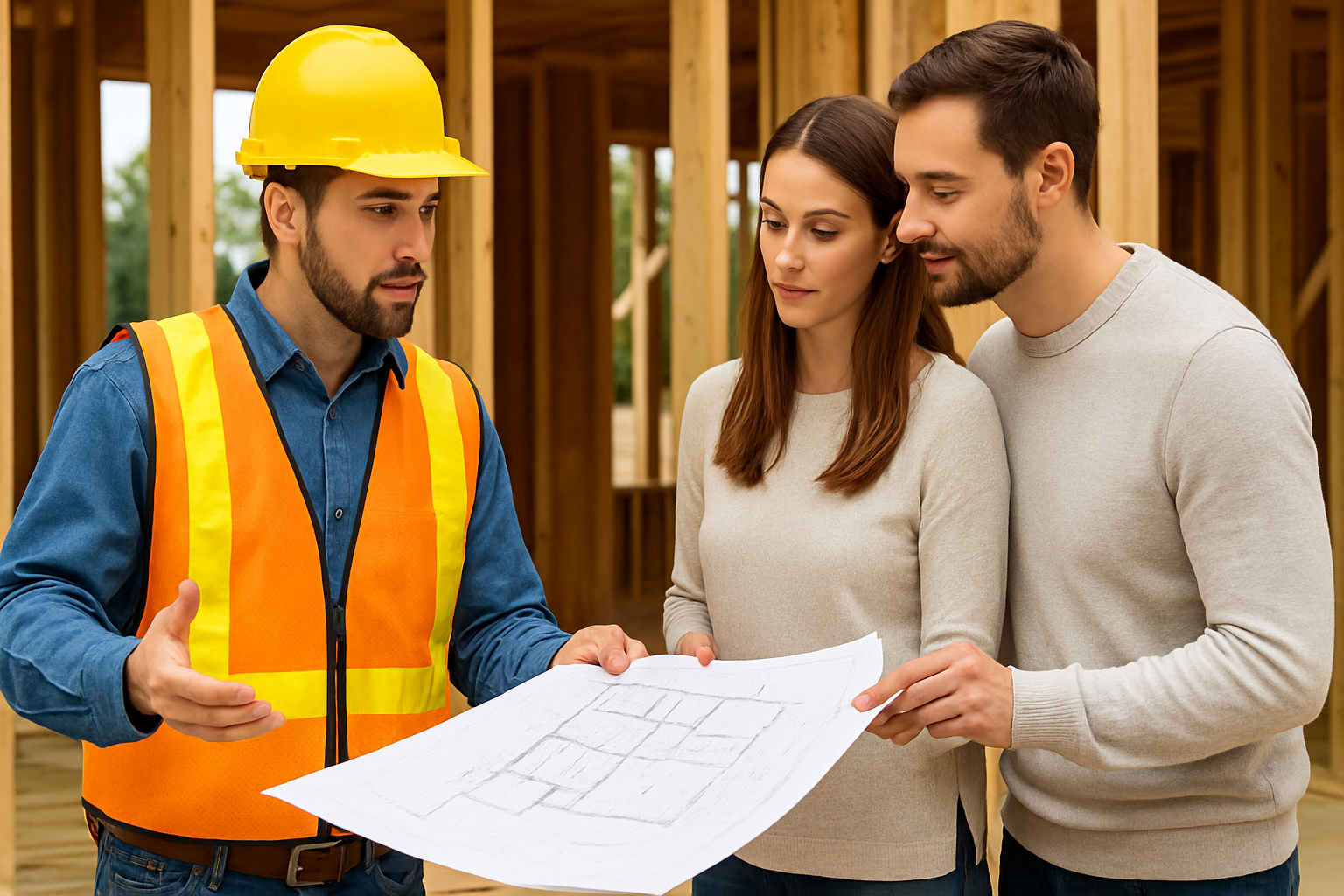 Builder discussing home plans with clients at a construction site – effective communication when choosing the right homebuilder in Charleston