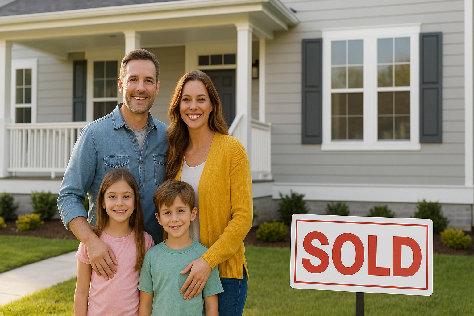Happy family in front of their newly built Charleston home – choosing the right homebuilder for your dream home