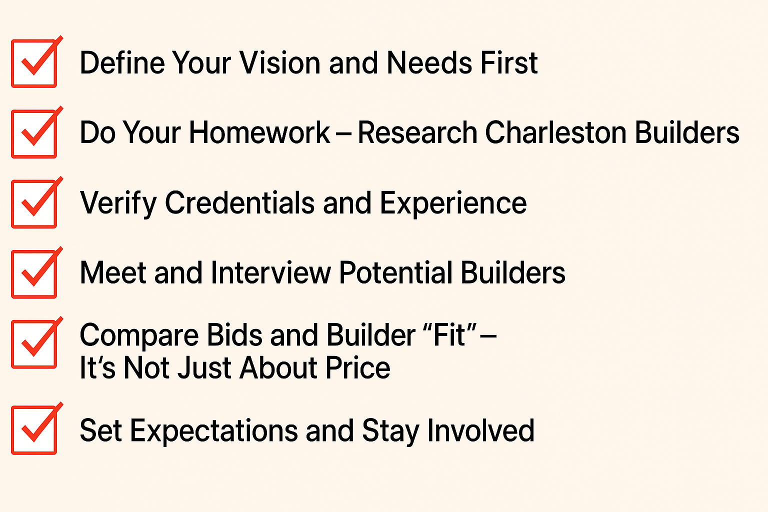 Checklist infographic for choosing the right homebuilder in Charleston – steps to take when researching builders