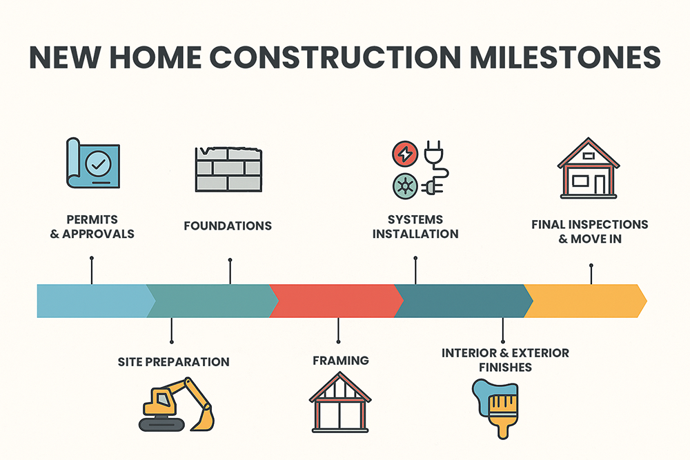 timeline of typical milestones in a new construction home build including permits, framing, inspections, and move-in