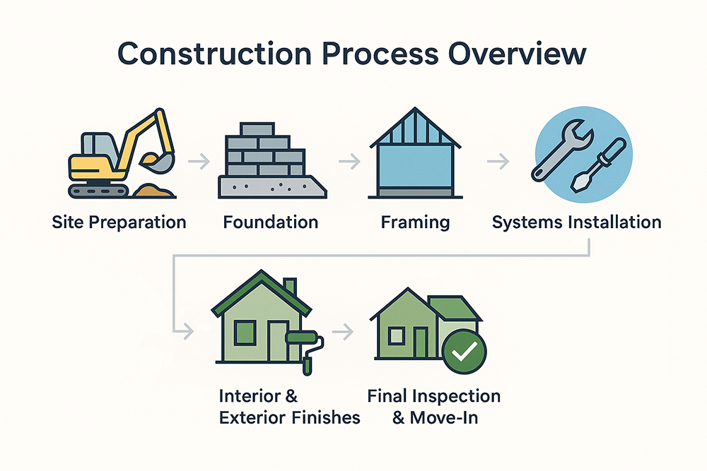 step-by-step construction process for building a new home from site preparation to move-in