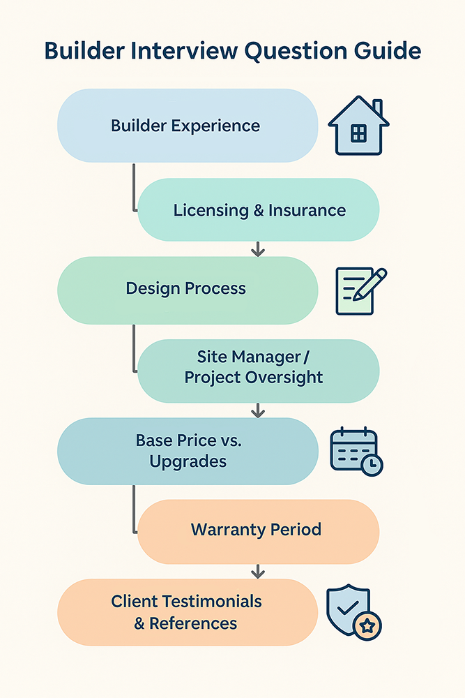flowchart of key questions to ask a custom home builder including design process, site manager, and warranty period