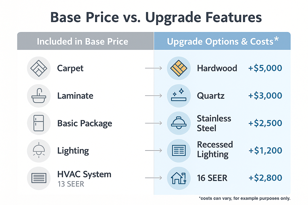 chart comparing features included in a new construction home base price versus upgrade options and costs